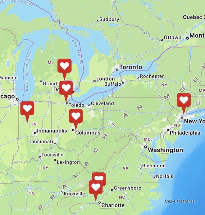 A map of the Midwestern, eastern, and southern US, dotted with hearts.